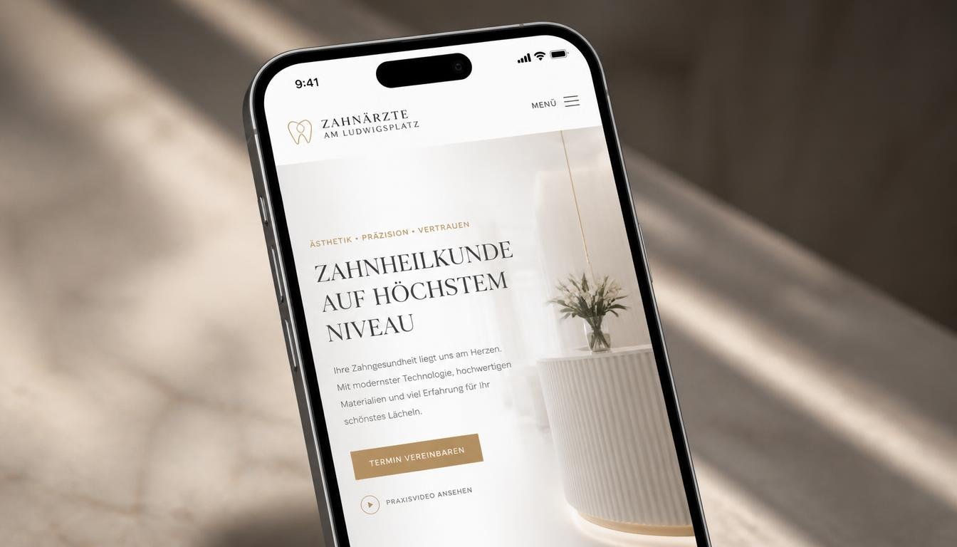 Website-Design für Zahnärzte am Ludwigsplatz, dargestellt auf iPhone