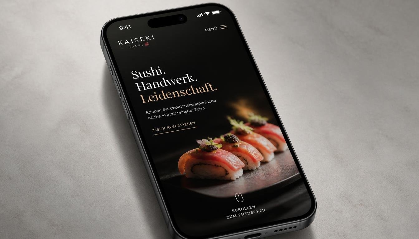 Website-Design für Sushi Restaurant Kaiseki, dargestellt auf iPhone