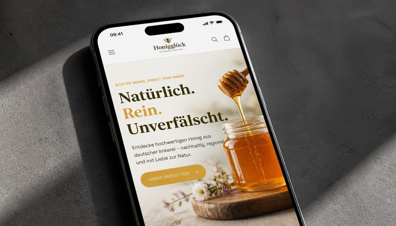 Website-Design für Honigglück Firma, dargestellt auf iPhone
